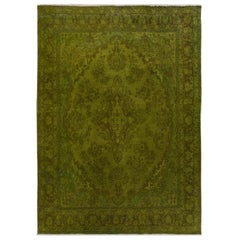 Green Overdyed and Vintage Worn Down Persian Bibikabad Hand Knotted Oriental Rug
