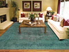 Green Overdyed and Vintage Worn Down Persian Kerman Hand Knotted Pure Wool