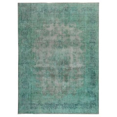Green Overdyed and Vintage Worn Down Persian Kerman Hand Knotted Pure Wool