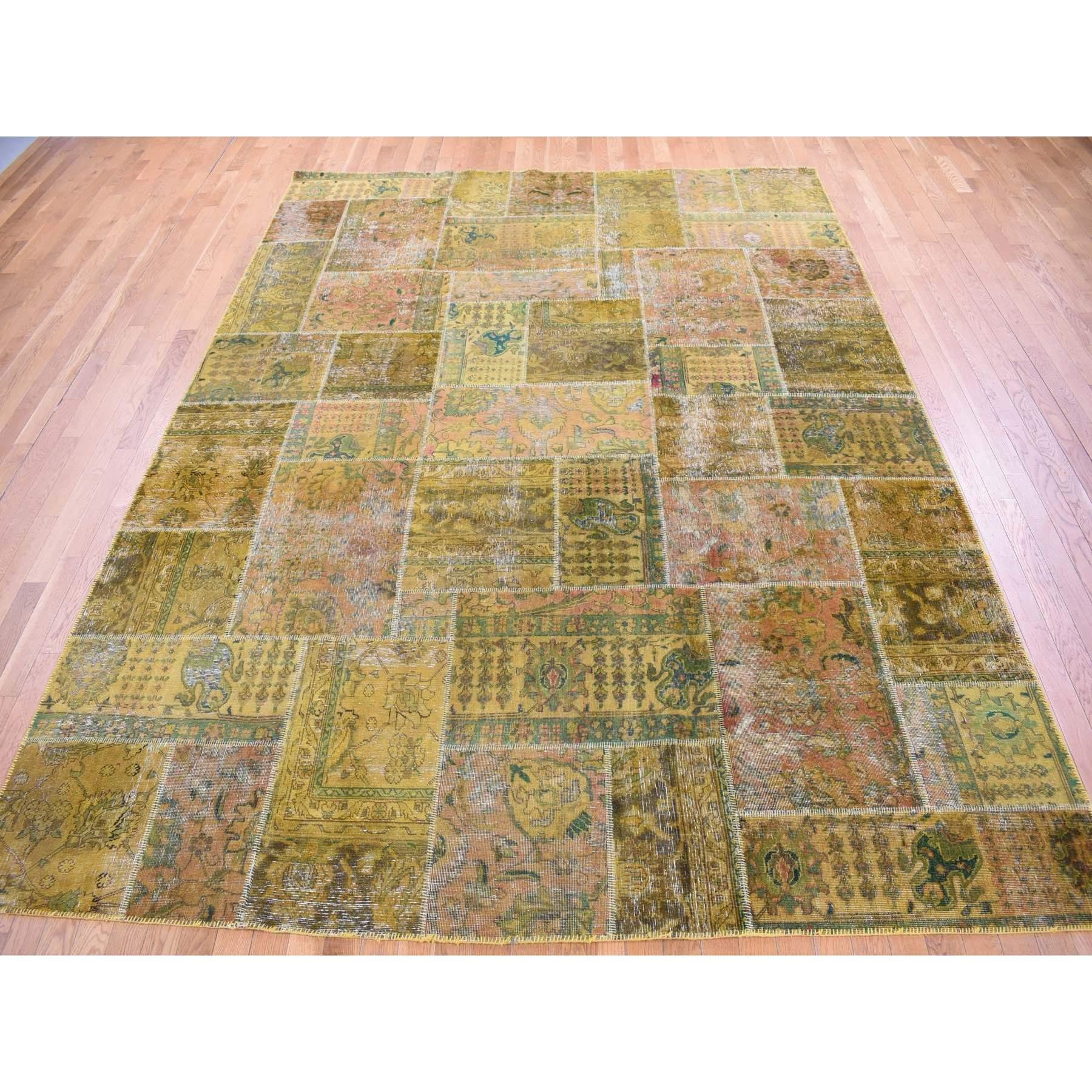 Medieval Green Overdyed Patchwork Vintage Persian Pure Wool Hand Knotted Oriental Rug For Sale