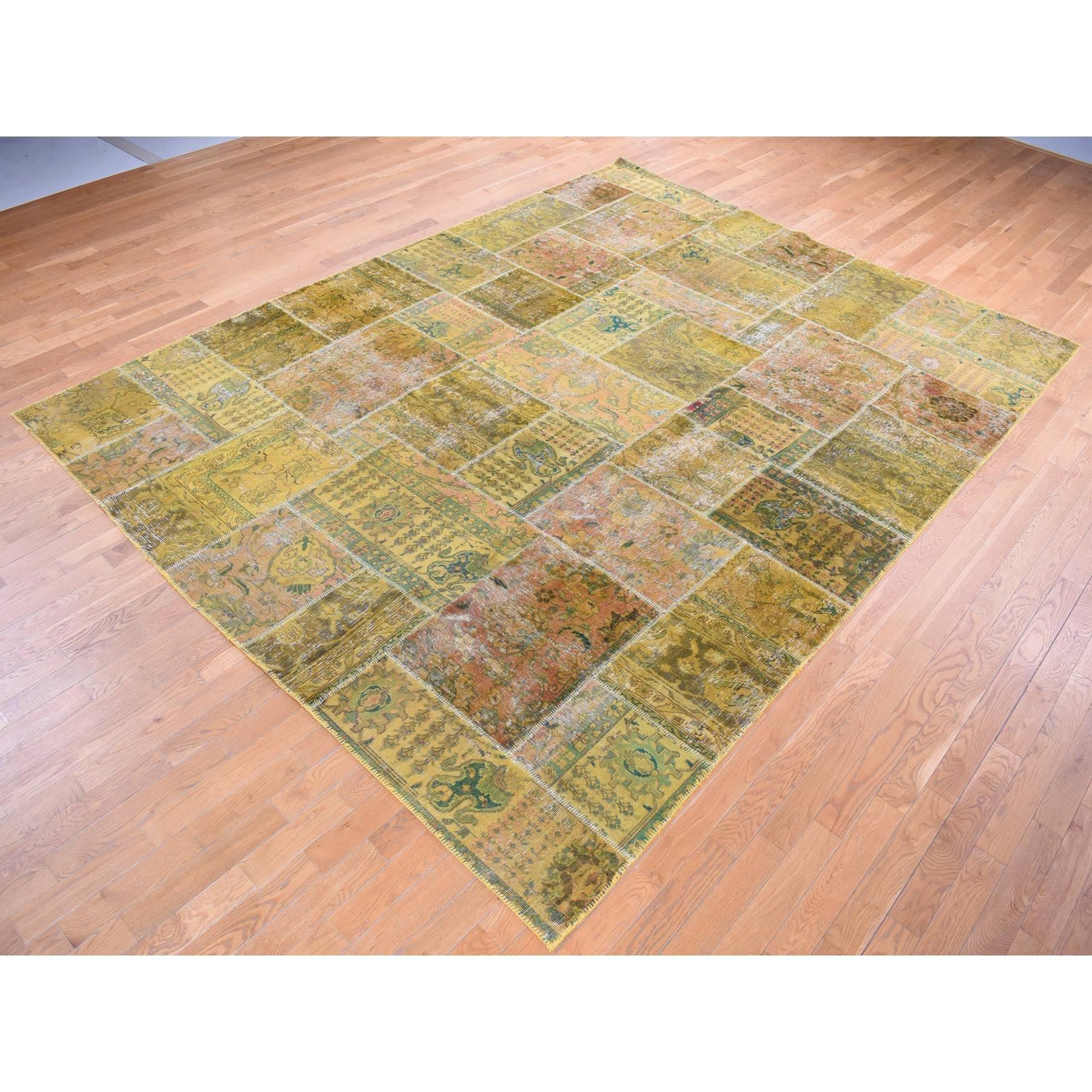 Hand-Knotted Green Overdyed Patchwork Vintage Persian Pure Wool Hand Knotted Oriental Rug For Sale