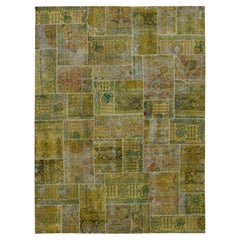Persischer, handgeknüpfter, überzogener Patchwork-Teppich aus reiner Wolle in Grün