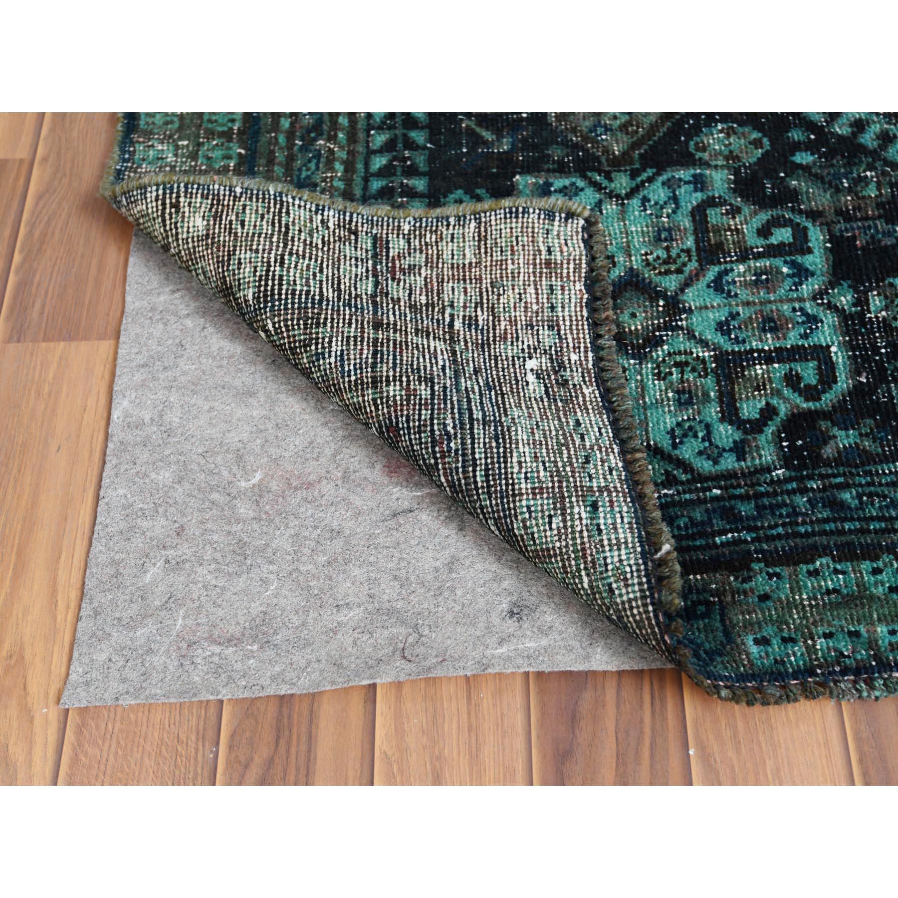 Medieval Green Overdyed Persian Shiraz Worn Down Hand Knotted Clean Rug