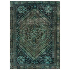 Green Overdyed Persian Shiraz Worn Down Hand Knotted Clean Rug