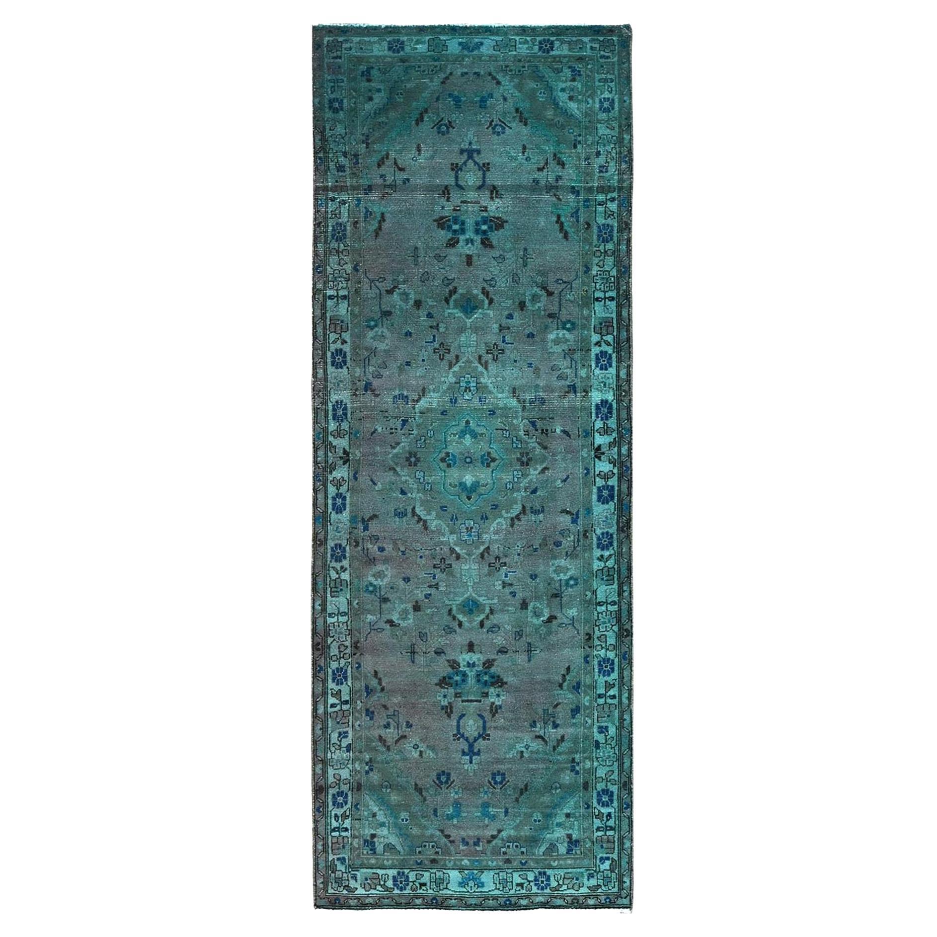 Green Overdyed Sheared Low Hand Knotted Old Persian Bibikabad Clean Runner Rug