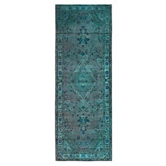 Retro Green Overdyed Sheared Low Hand Knotted Old Persian Bibikabad Clean Runner Rug