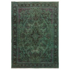 Green Overdyed Vintage Bibikabad Persian Worn Down Hand Knotted Oriental Rug