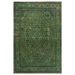 Green Overdyed Vintage Persian Lilahan Worn Down Hand Knotted Pure Wool Oriental