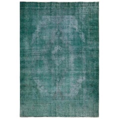 Green Overdyed Worn Down and Vintage Persian Tabriz Hand Knotted Oriental Rug