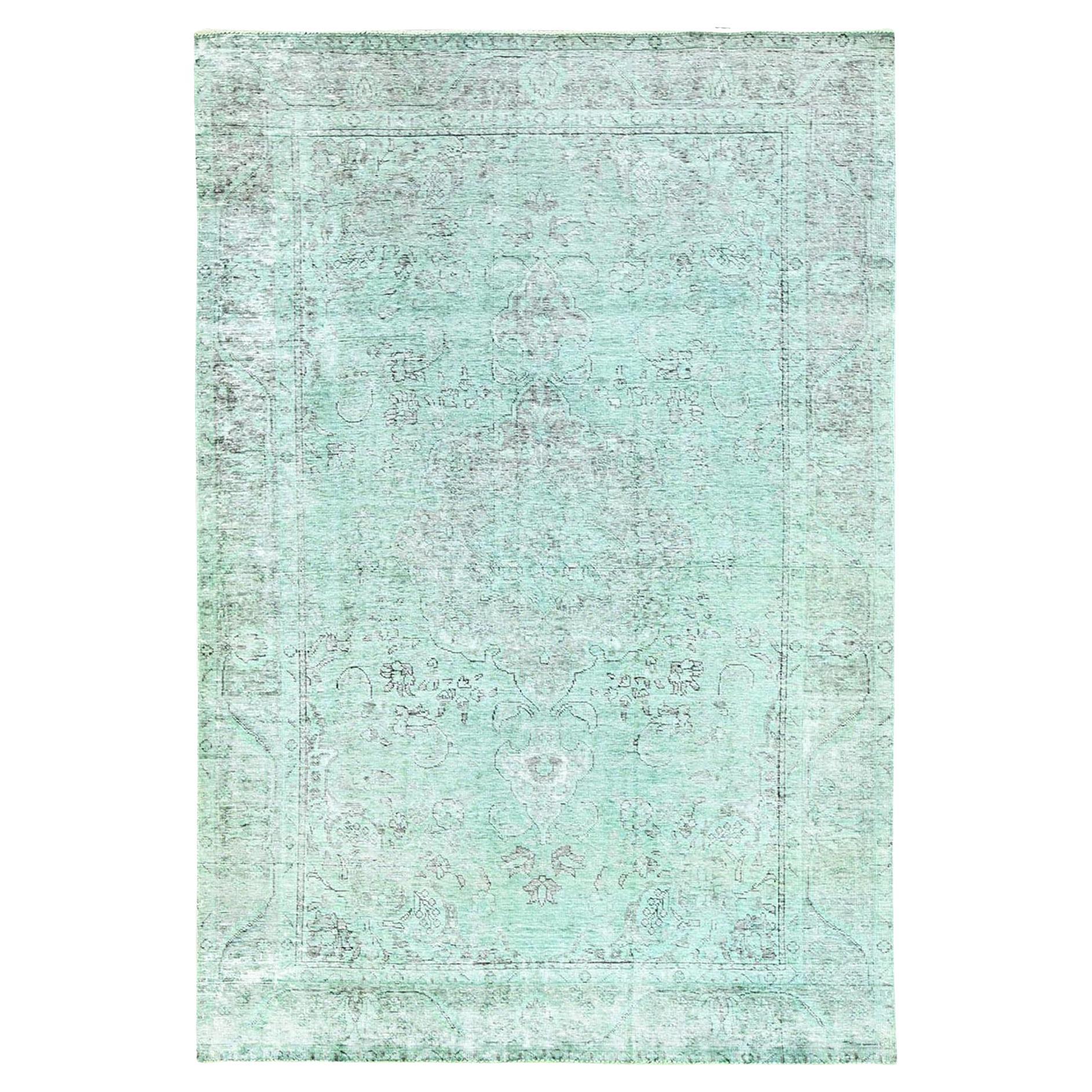 Green Overdyed Worn Wool Hand Knotted Vintage Persian Tabriz Rustic Feel Rug For Sale