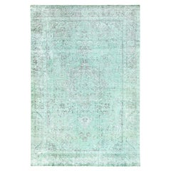 Green Overdyed Worn Wool Hand Knotted Vintage Persian Tabriz Rustic Feel Rug