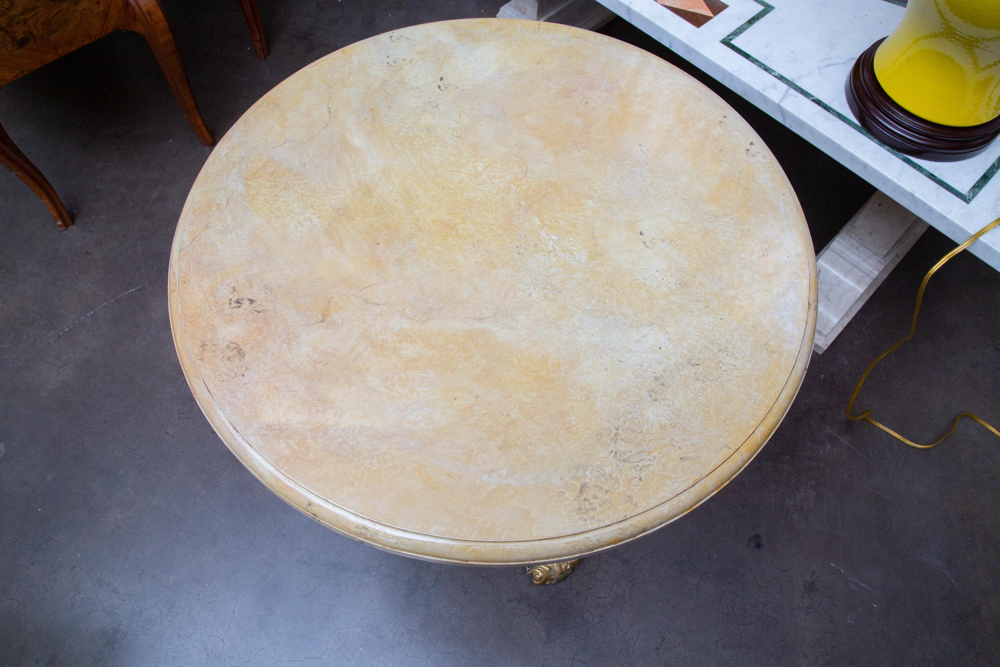 French Green Painted and Parcel Gilt Iron Circular Table with Travertine Top For Sale