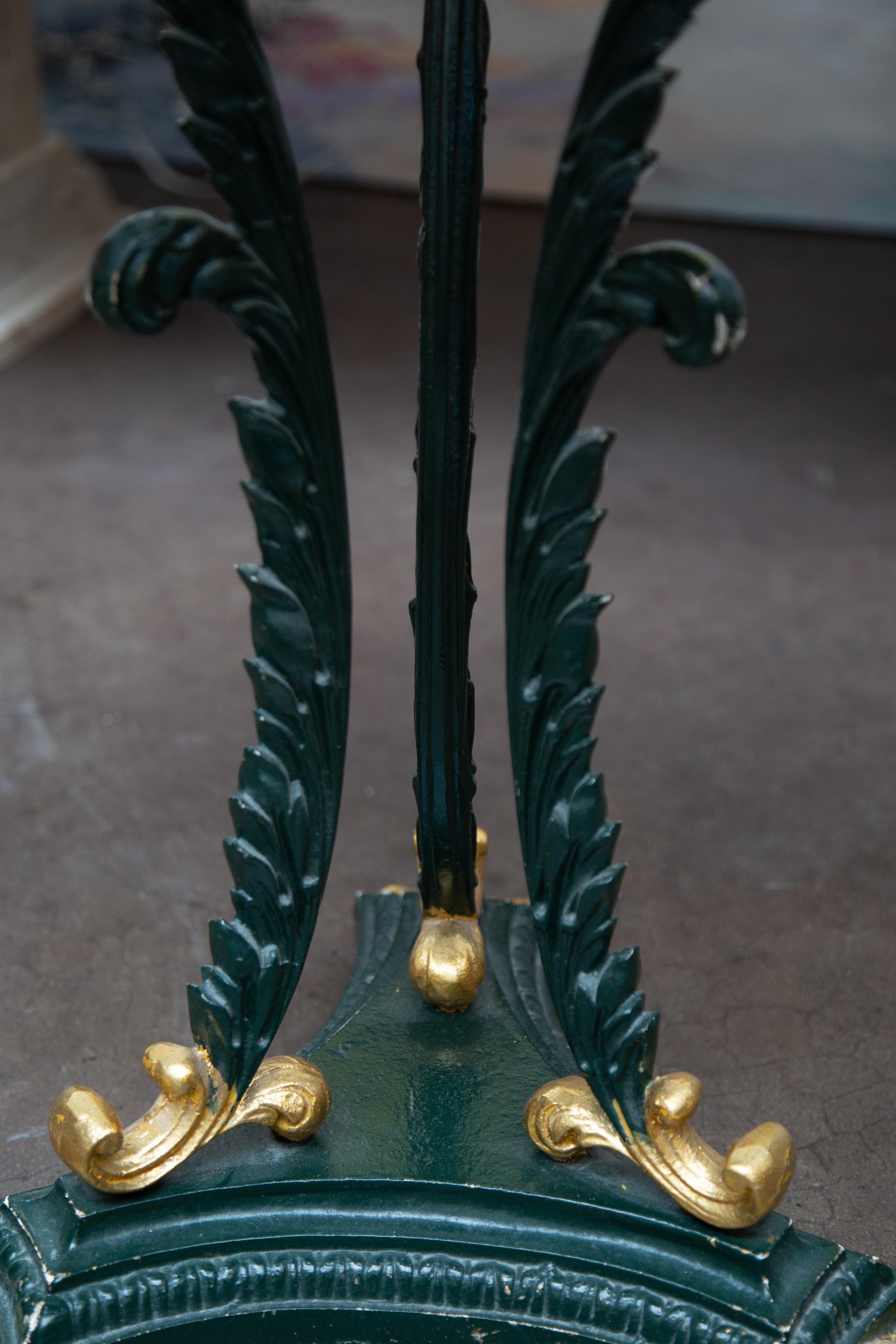 Hand-Painted Green Painted and Parcel Gilt Iron Circular Table with Travertine Top For Sale