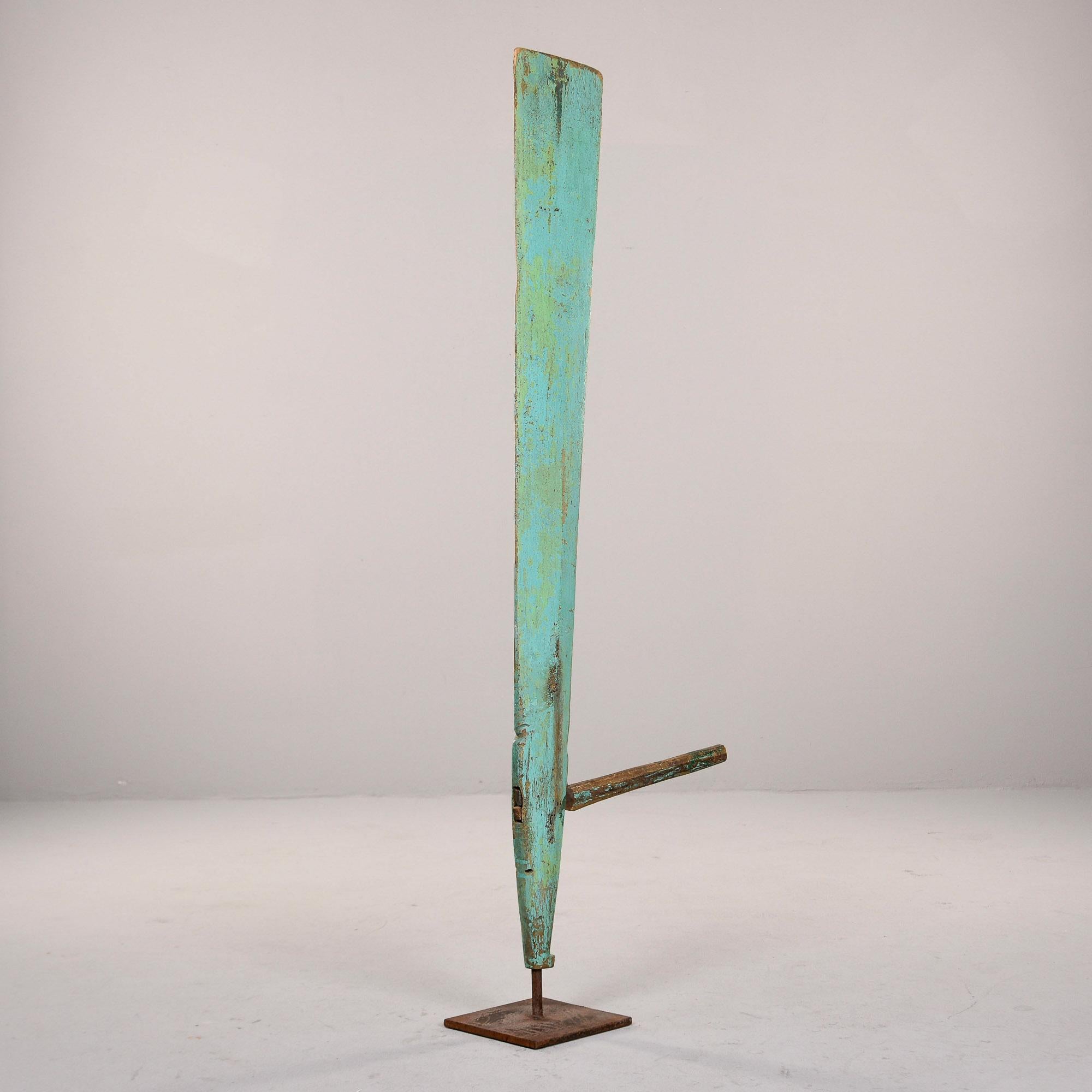 English Green Painted Antique Wood Boat Rudder on Iron Stand For Sale