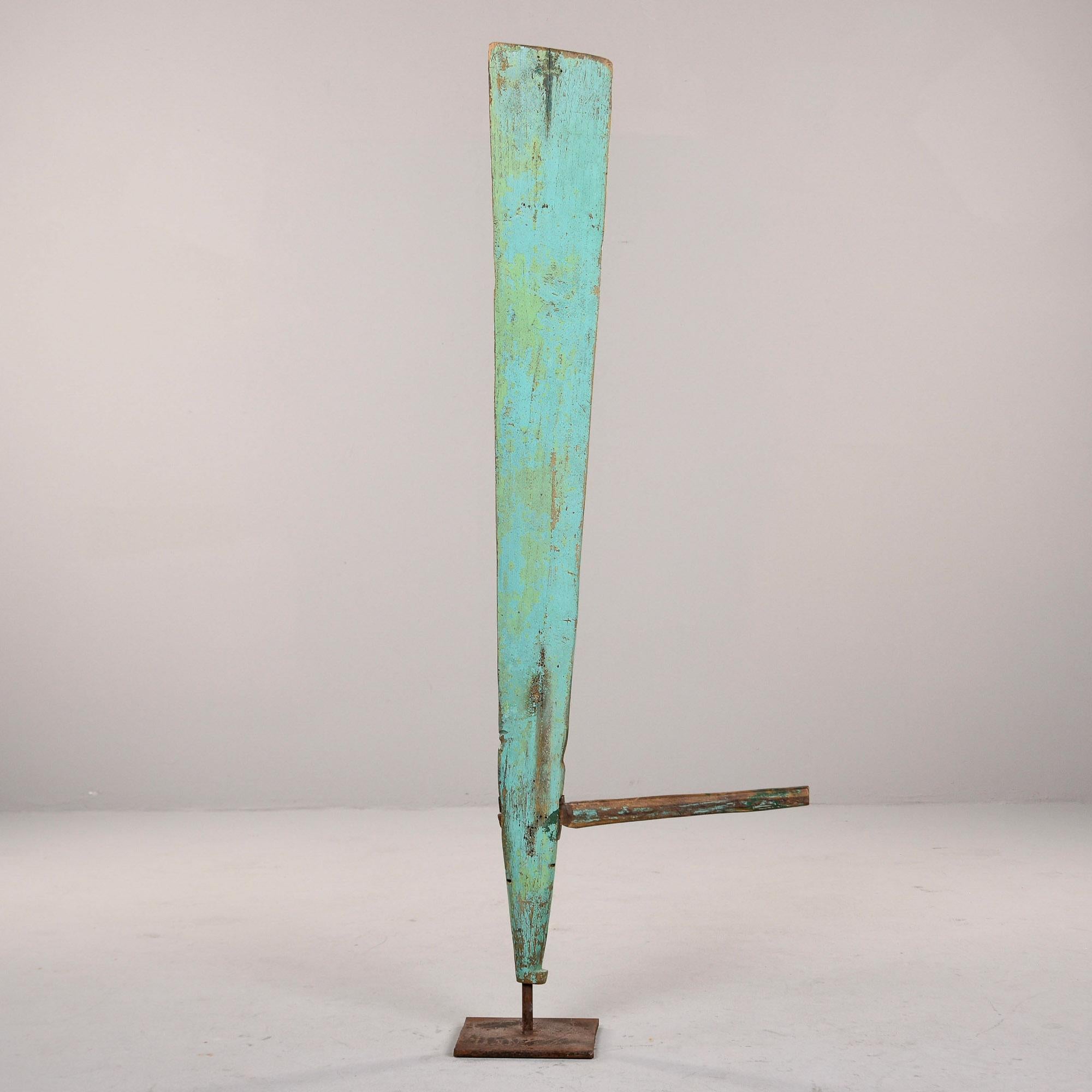 Green Painted Antique Wood Boat Rudder on Iron Stand In Good Condition For Sale In Troy, MI