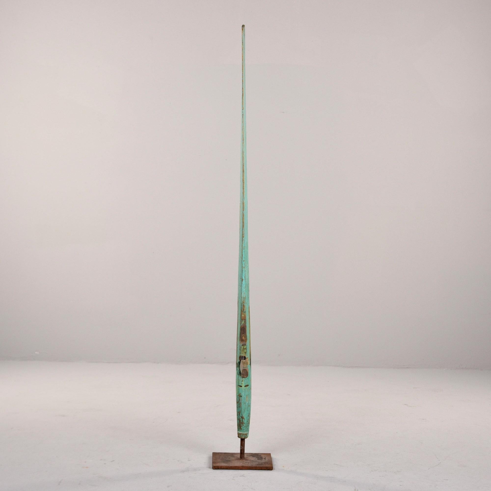 20th Century Green Painted Antique Wood Boat Rudder on Iron Stand For Sale