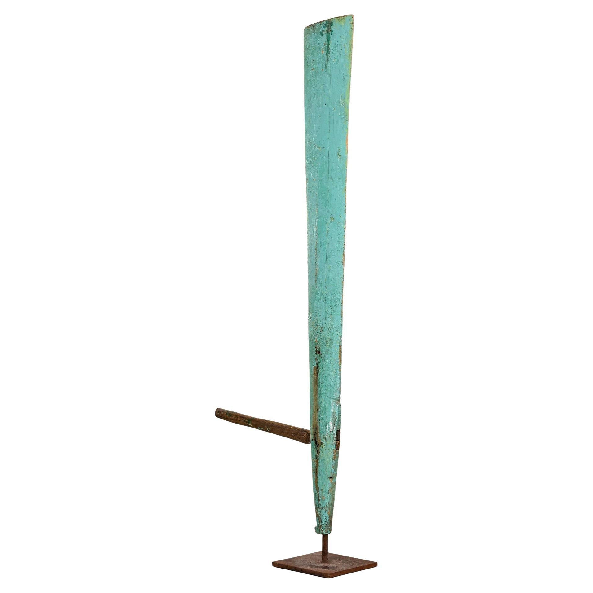 Green Painted Antique Wood Boat Rudder on Iron Stand