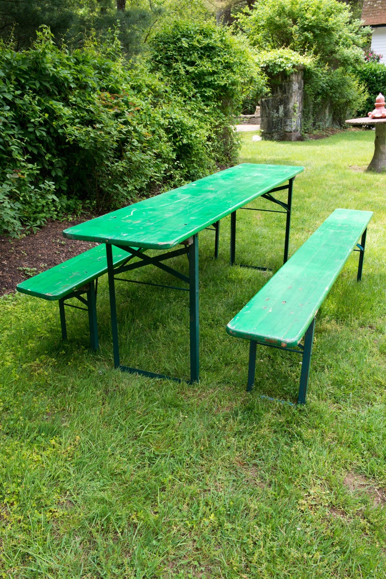 German Green Painted Beer Garden Picnic Table and Benches For Sale