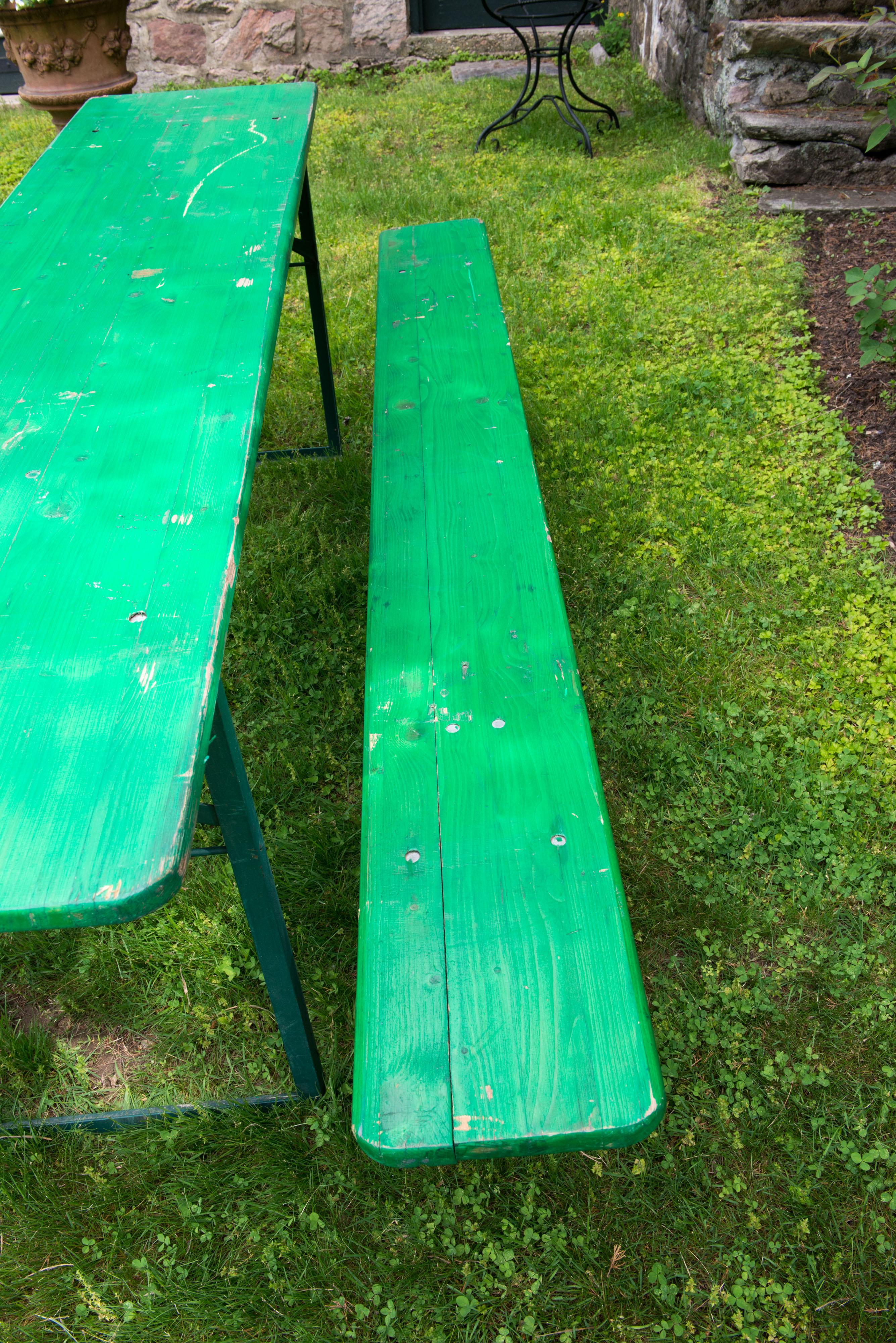 20th Century Green Painted Beer Garden Picnic Table and Benches For Sale