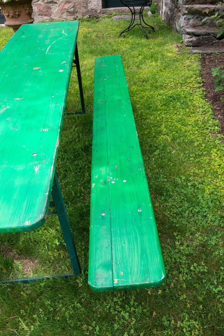 Metal Green Painted Beer Garden Picnic Table and Benches For Sale