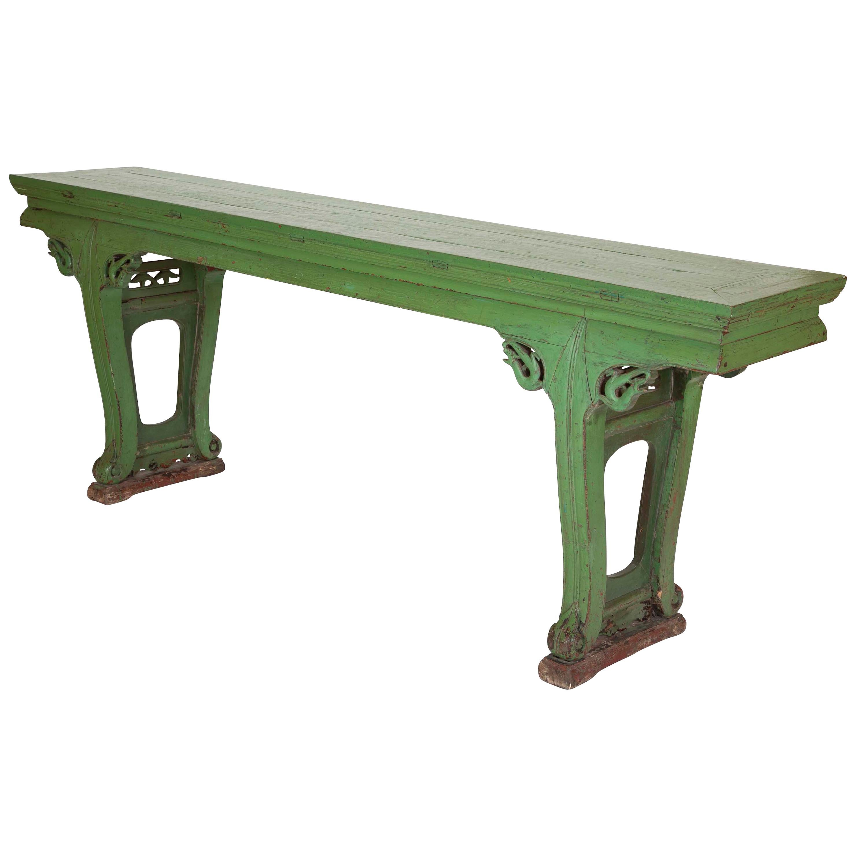 Green Painted Chinese Console Table, Large Scale
