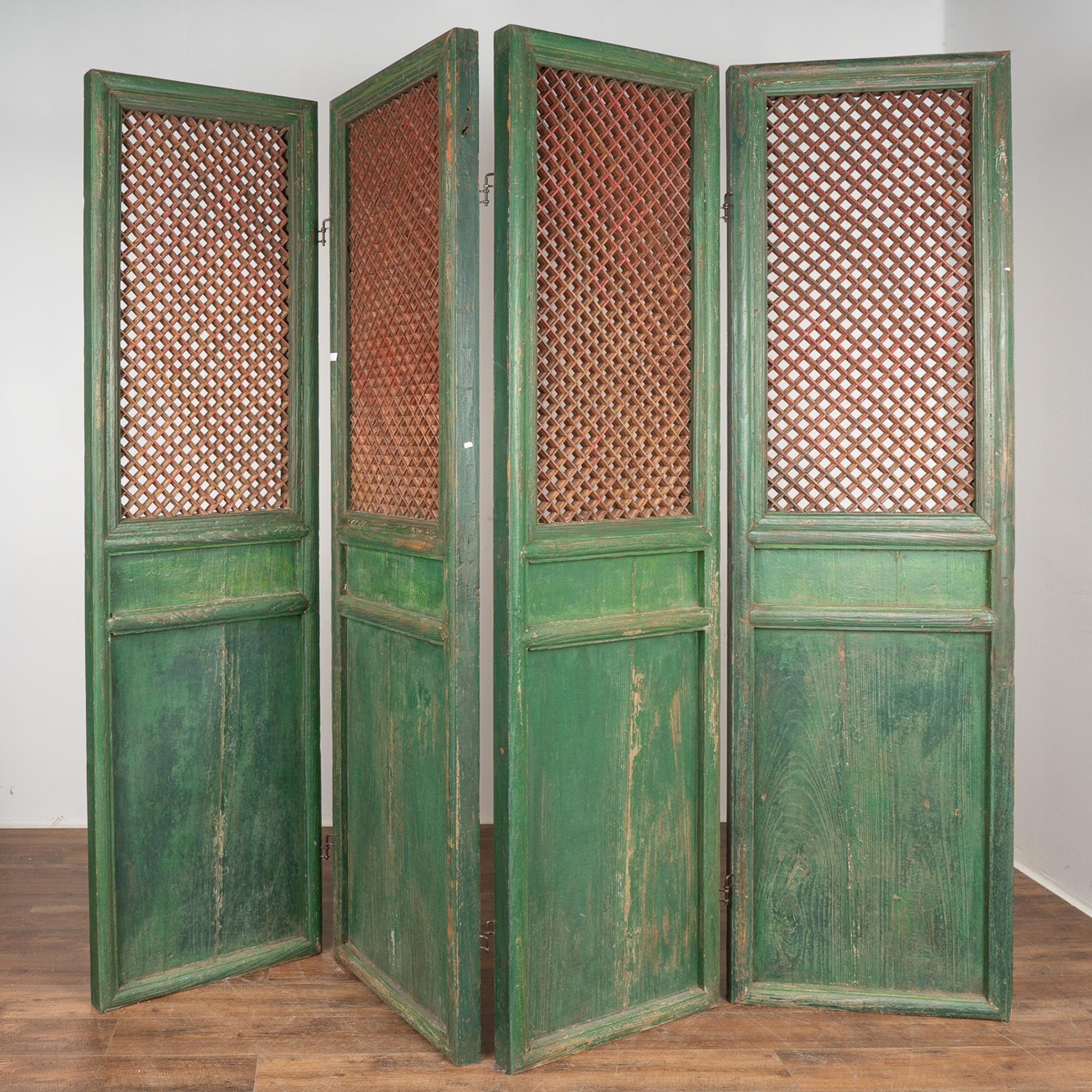 Chinese Export Green Painted Chinese Folding Screen Room Divider, circa 1840-60 For Sale