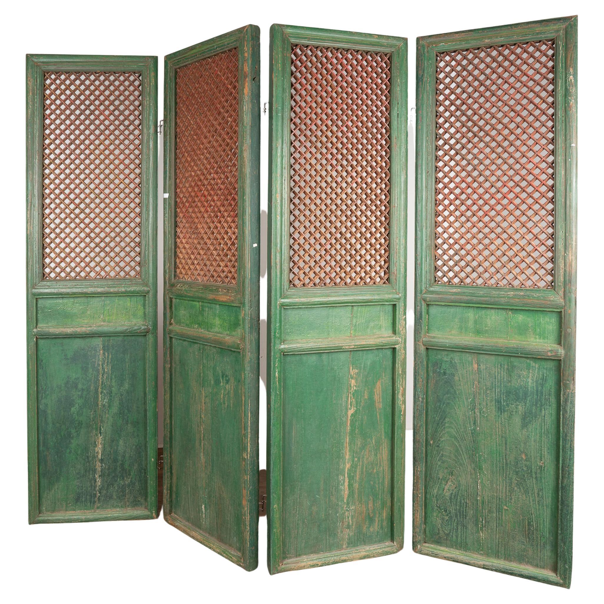 Green Painted Chinese Folding Screen Room Divider, circa 1840-60 For Sale