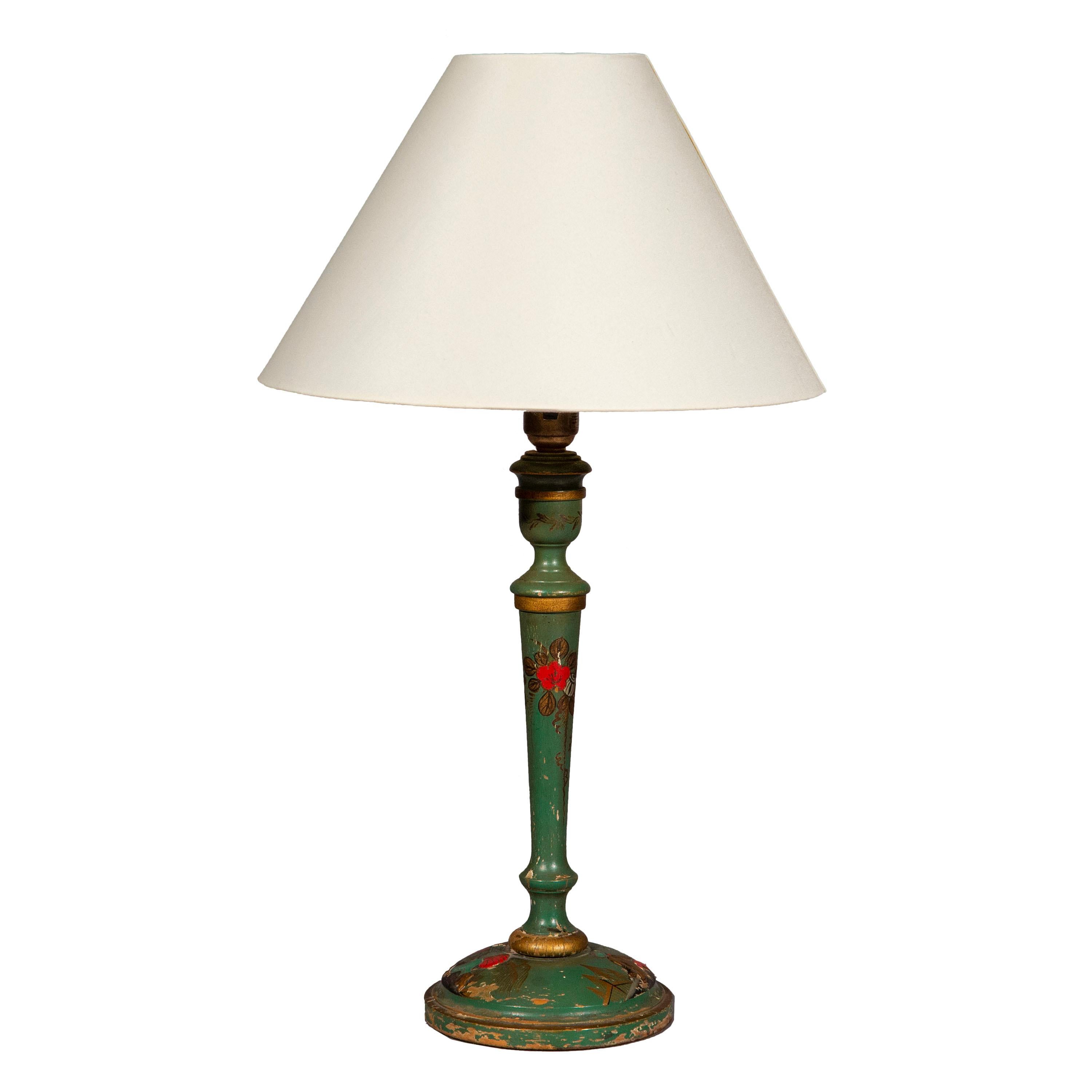 Hand-Painted Green Chinoiserie Table Lamp For Sale