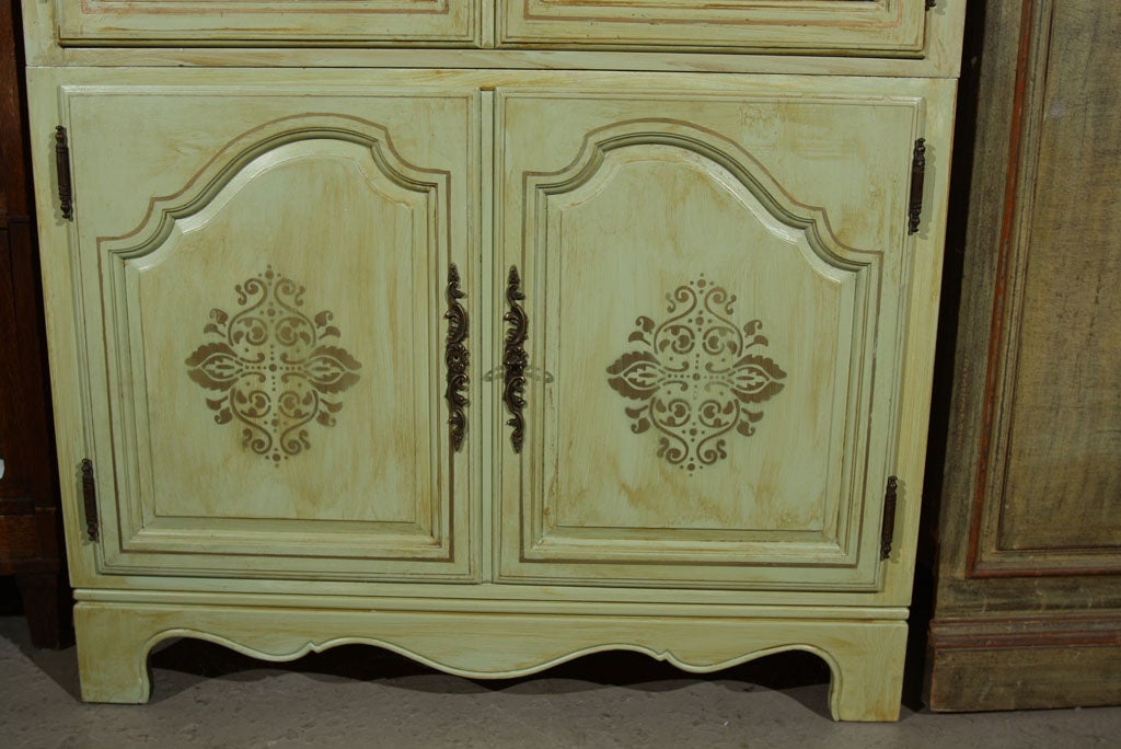 Hollywood Regency Green Painted Distressed Baker Armoire With Two Mirrored Glass Doors