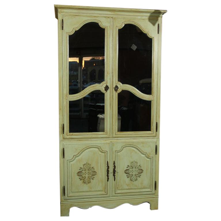 Green Painted Distressed Baker Armoire With Two Mirrored Glass Doors