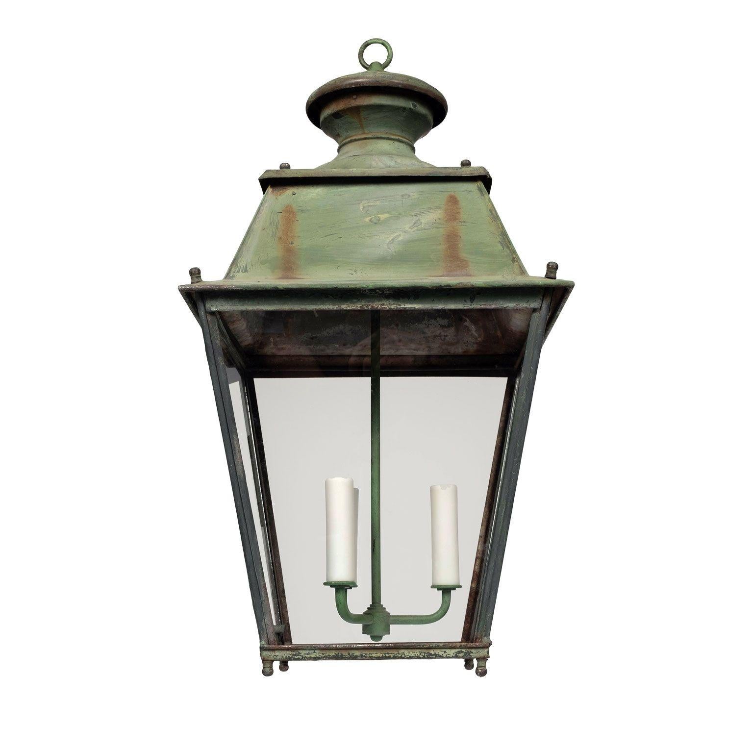 Green-Painted French Glass Paneled Lantern For Sale 3