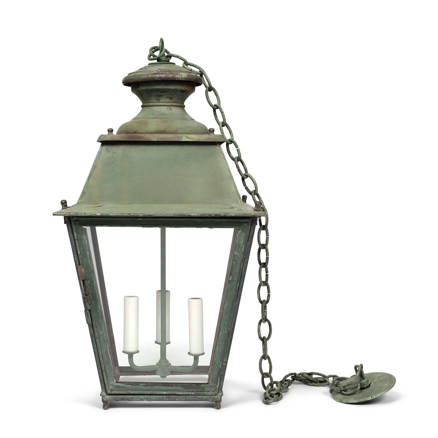 Green-Painted French Glass Paneled Lantern For Sale 4
