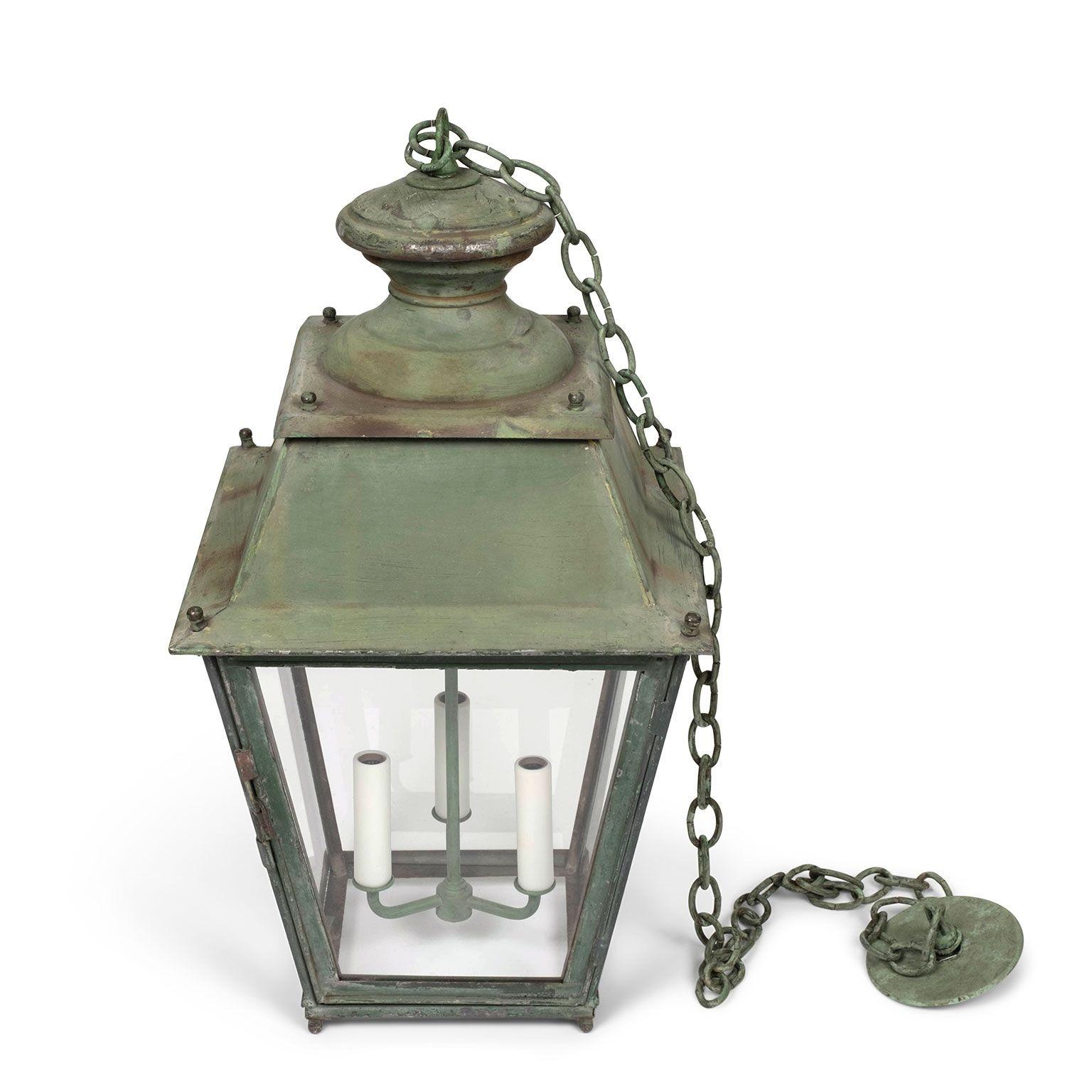 Green-Painted French Glass Paneled Lantern For Sale 5