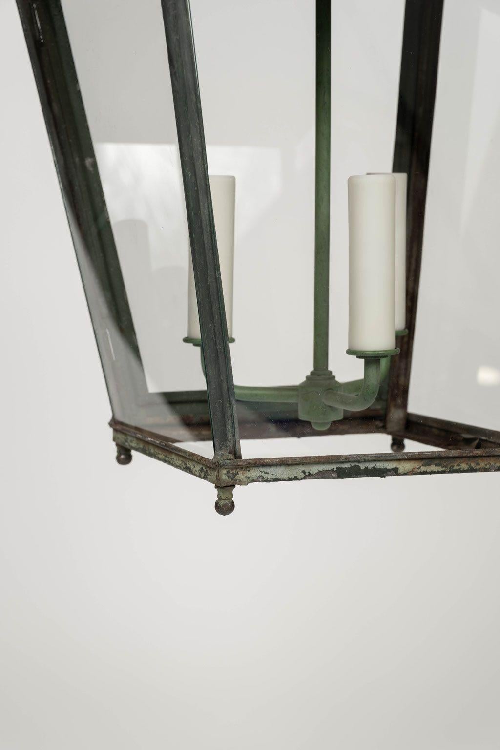 French Provincial Green-Painted French Glass Paneled Lantern For Sale
