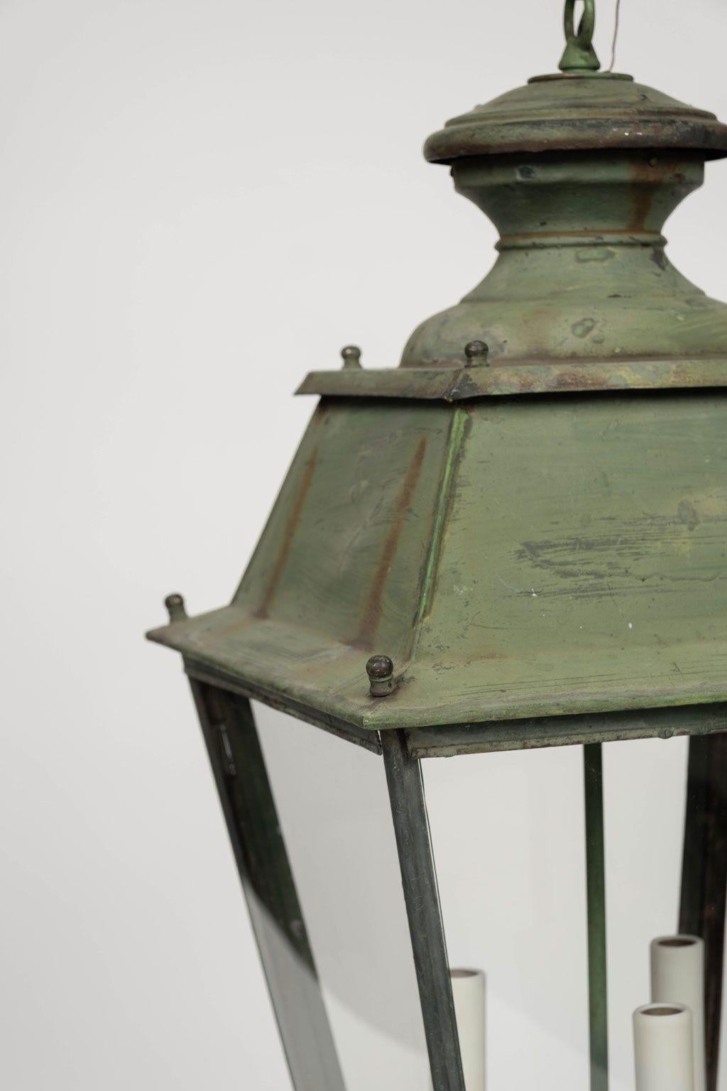 Hand-Crafted Green-Painted French Glass Paneled Lantern For Sale