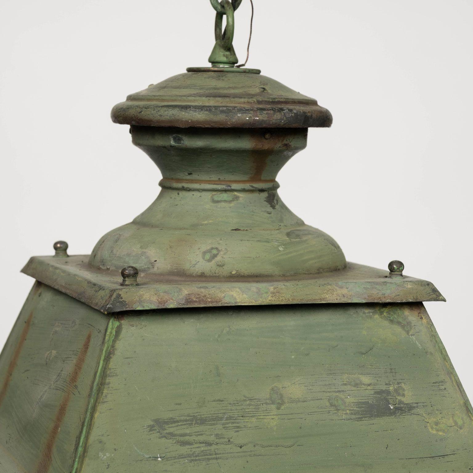 Green-Painted French Glass Paneled Lantern In Good Condition For Sale In Houston, TX