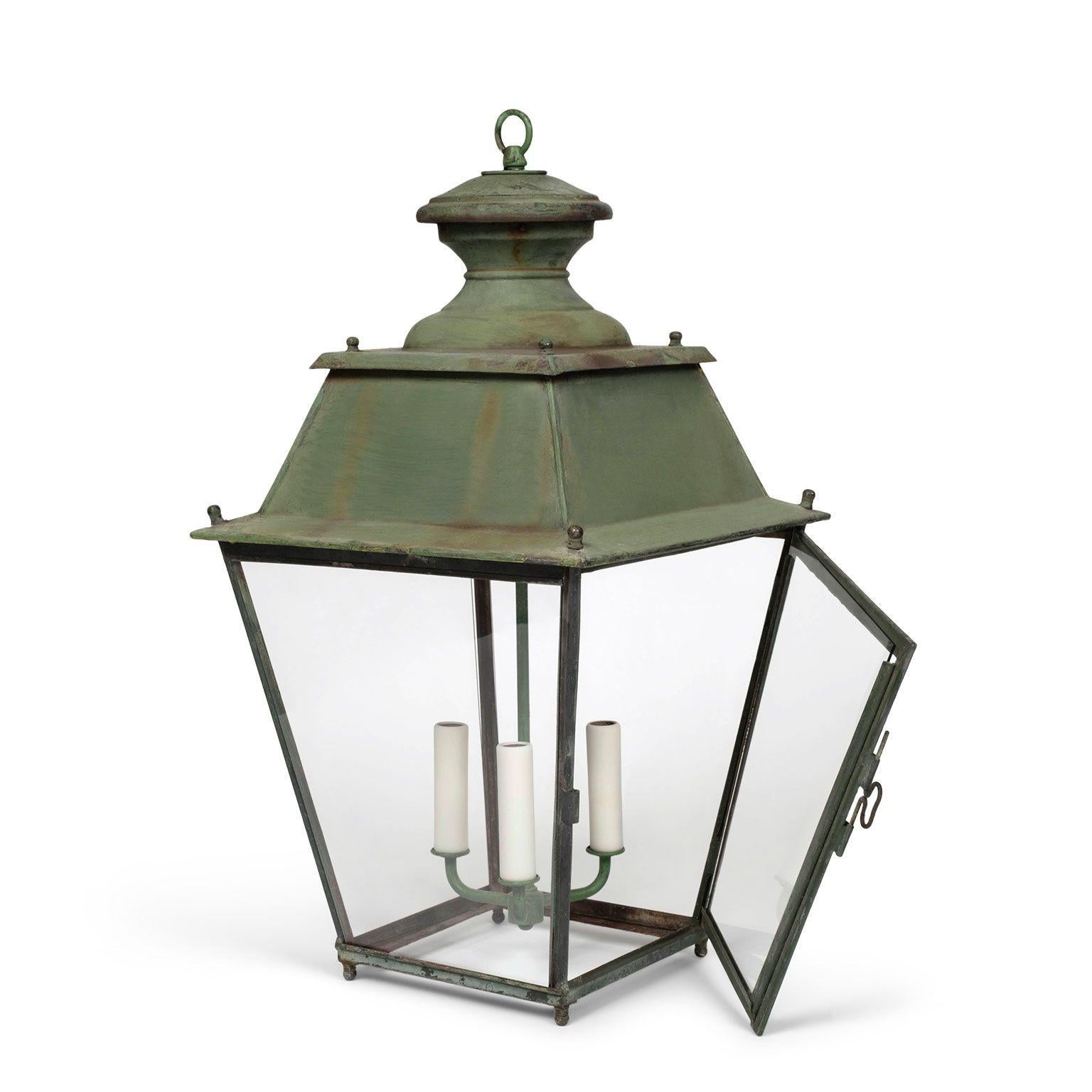 20th Century Green-Painted French Glass Paneled Lantern For Sale