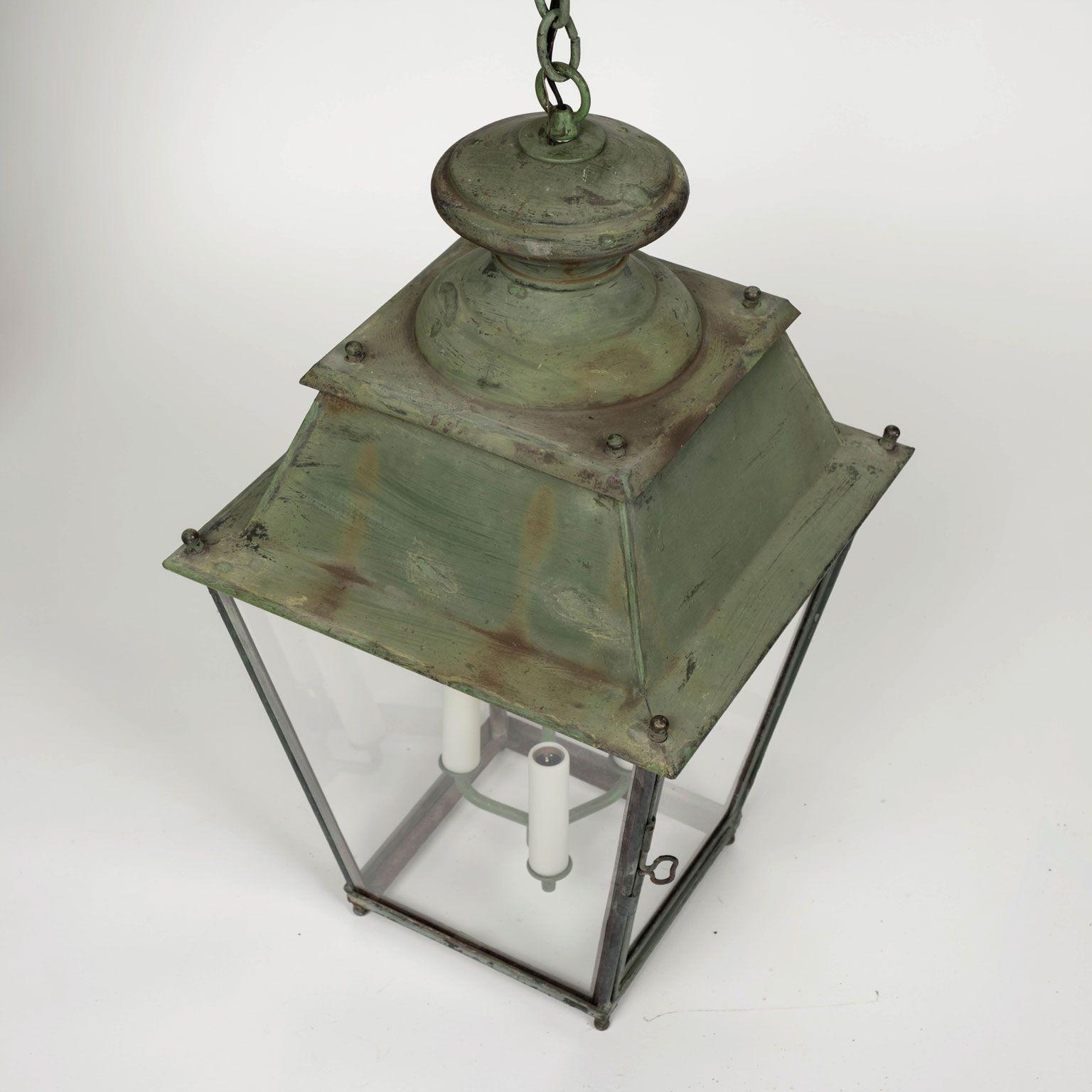 Green-Painted French Glass Paneled Lantern For Sale 1