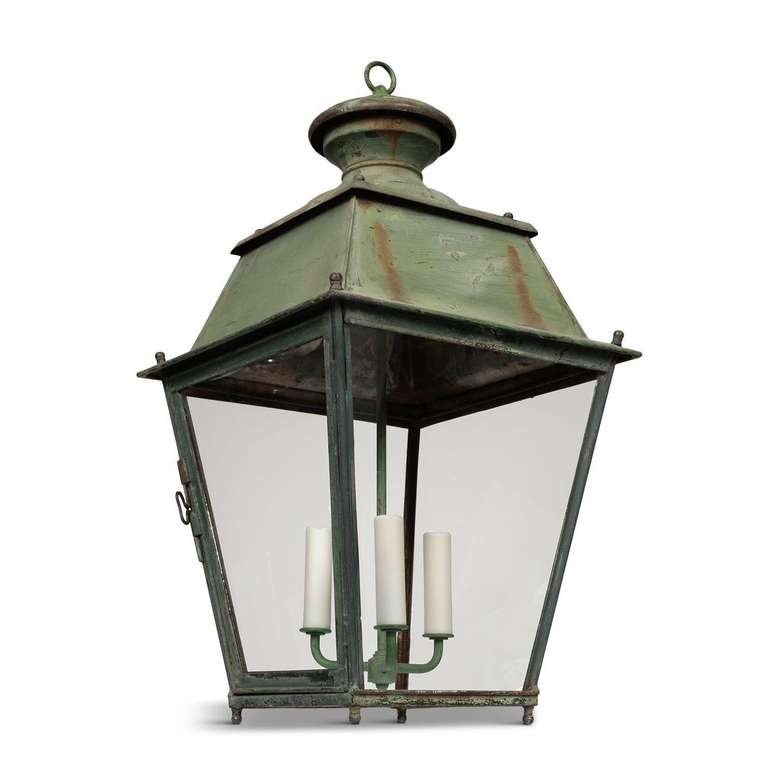 Green-Painted French Glass Paneled Lantern For Sale 2
