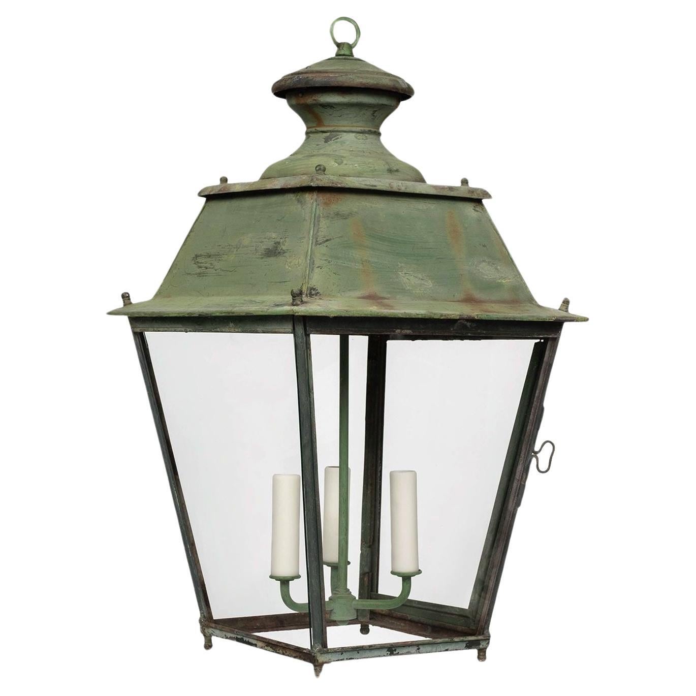Green-Painted French Glass Paneled Lantern For Sale
