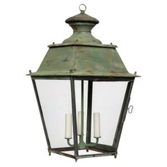 Antique Green-Painted French Glass Paneled Lantern