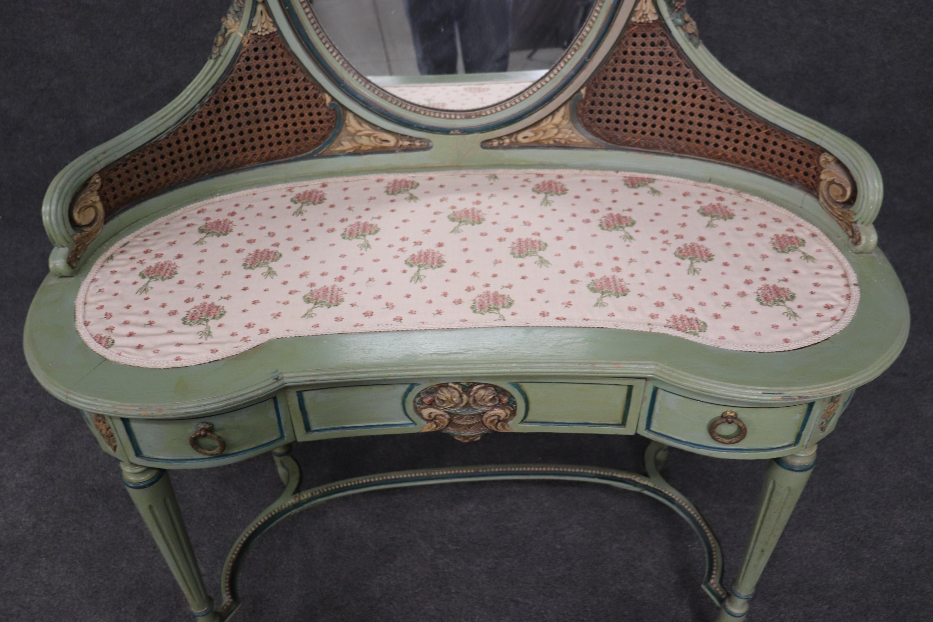 Green Painted French Louis XVI Style 1920s Era Ladies Vanity and Matching Stool 5