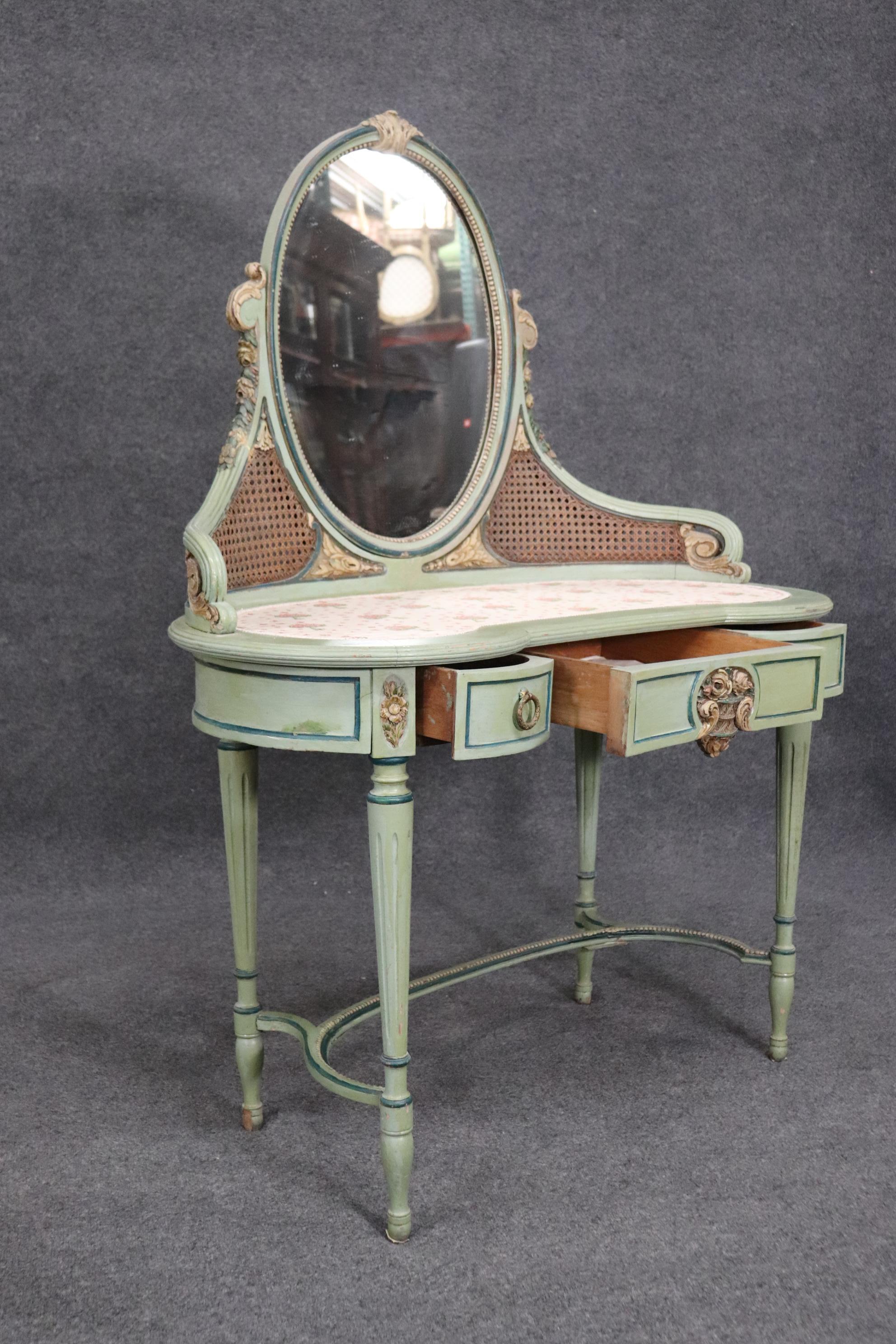 Early 20th Century Green Painted French Louis XVI Style 1920s Era Ladies Vanity and Matching Stool