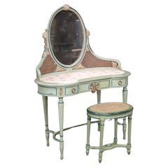 Antique Green Painted French Louis XVI Style 1920s Era Ladies Vanity and Matching Stool