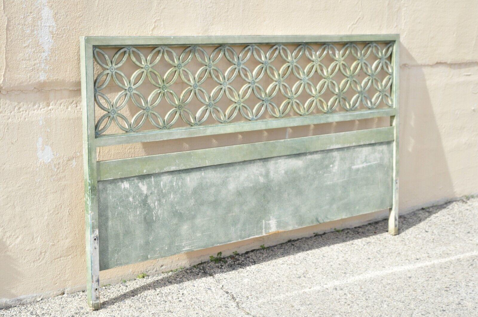 Vintage green painted Hollywood Regency butterfly fretwork venetian king size bed headboard. Item features a green distress painted finish, 