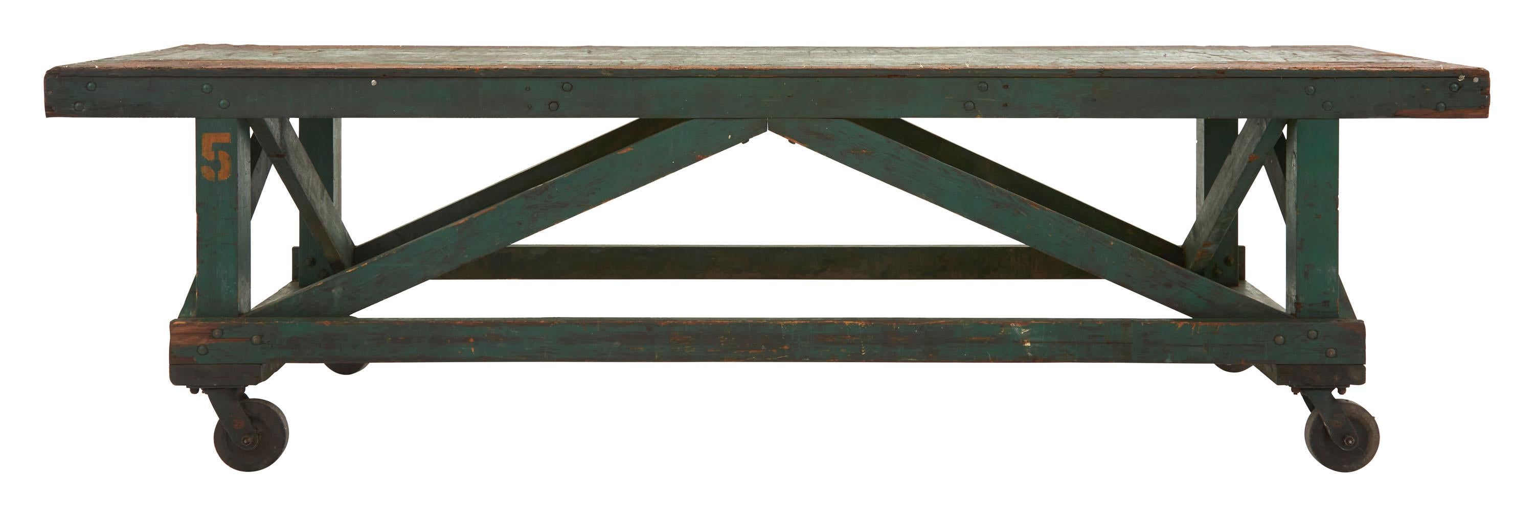 Green Painted Industrial Wooden Work Table In Good Condition In Chicago, IL