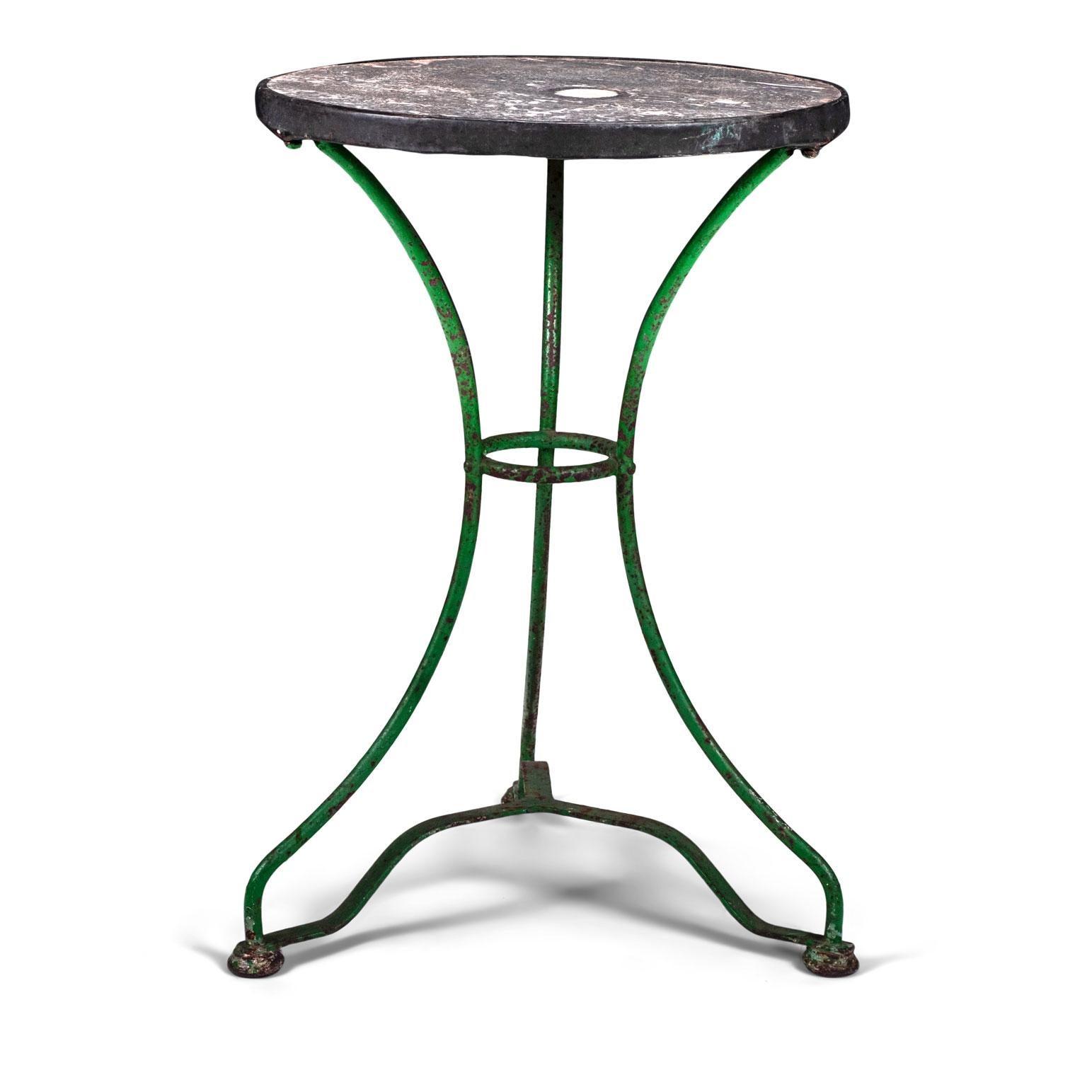 French Provincial Green Painted Iron Base and Marble Top Garden Table