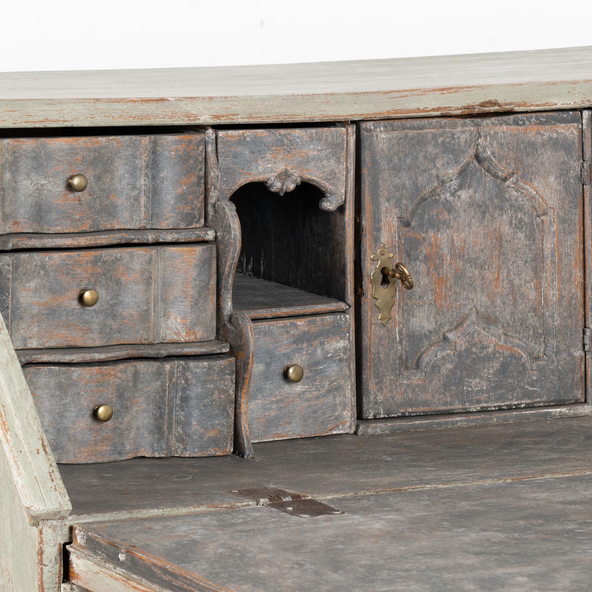 18th Century Green Painted Oak Secretary Bureau from Sweden, circa 1760-1800