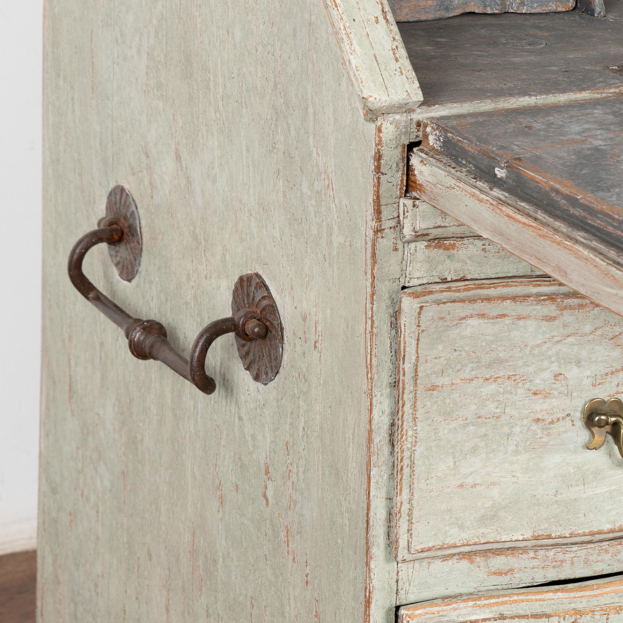 Brass Green Painted Oak Secretary Bureau from Sweden, circa 1760-1800
