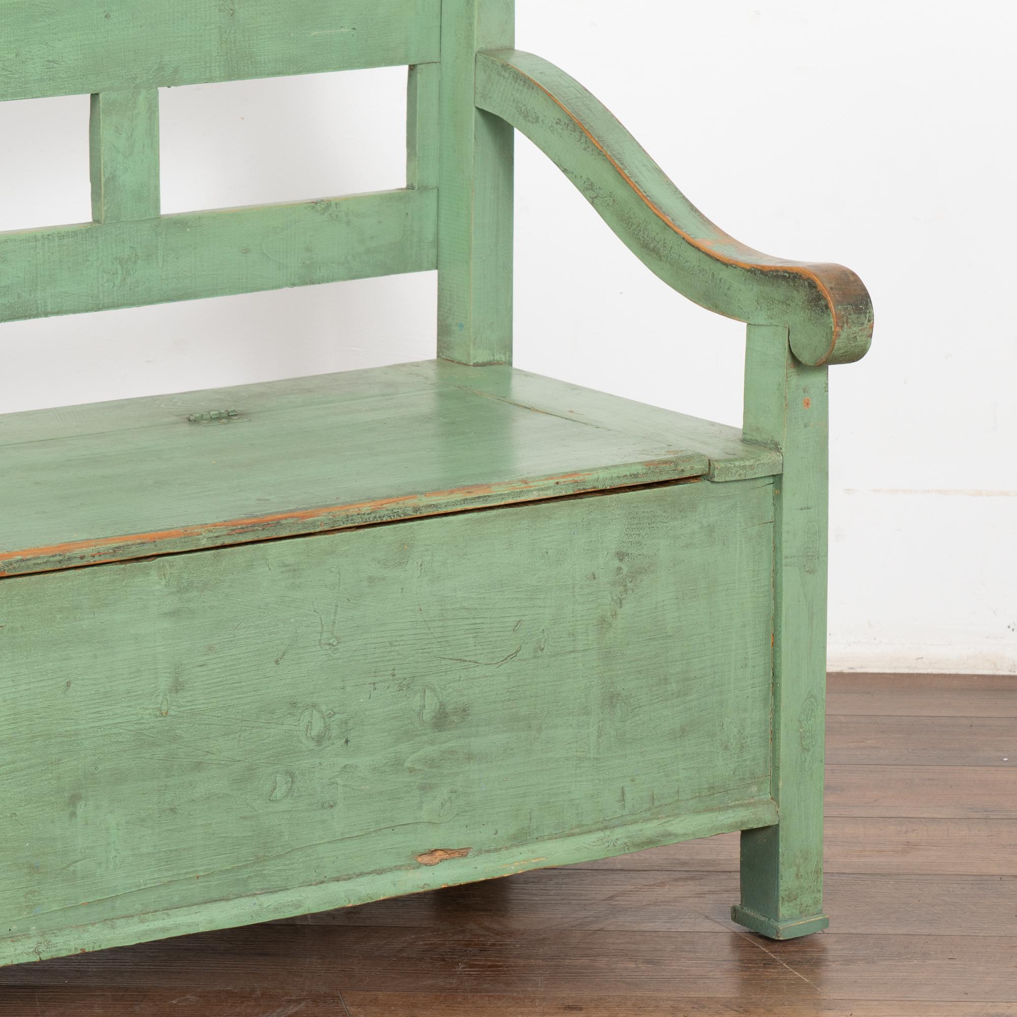 Green Painted Pine Bench with Storage, Hungary circa 1900's 4